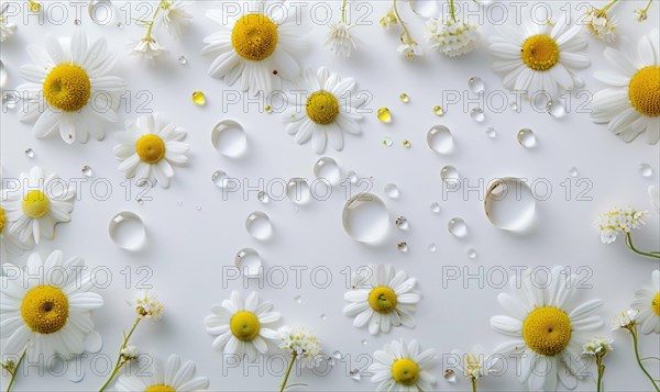 Chamomile essential oil droplets on chamomile flowers, nature beauty background AI generated