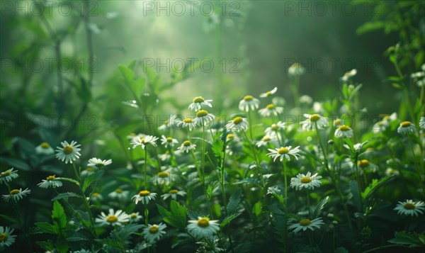 Chamomile plant growing in a garden, spring nature background AI generated