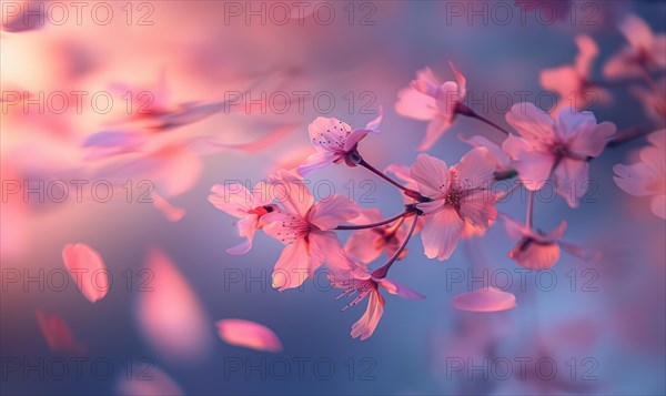 Cherry blossom petals in the breeze, floral background, soft focus, blurred background AI generated