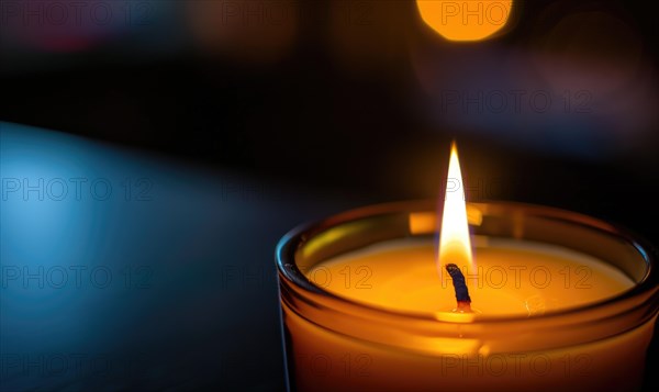 Close-up of a candle's gentle flicker illuminating a serene setting AI generated