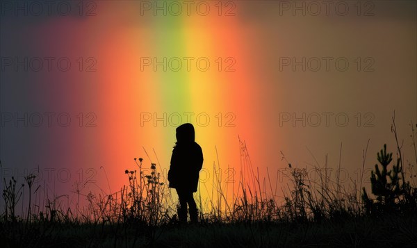 Colorful rainbow after spring rain, rainbow on dark cloudy sky AI generated