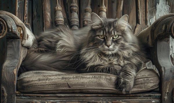 Maine Coon cat perched gracefully on a vintage wooden chair AI generated