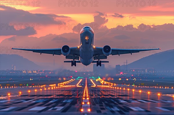 A commercial airplane takes off during a breathtaking sunset, with the runway's vibrant lights illuminating its path, showcasing a perfect blend of nature's beauty and human ingenuity, AI generated