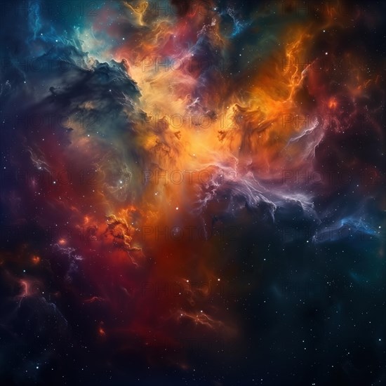 A mesmerizing view of a colorful nebula, showcasing a vibrant dance of clouds and star formations, illuminating the deep space with an ethereal glow, AI generated