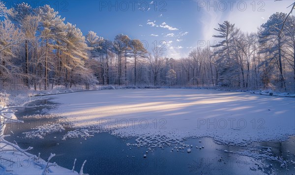 A winter landscape with a frozen lake and snow-covered forest AI generated