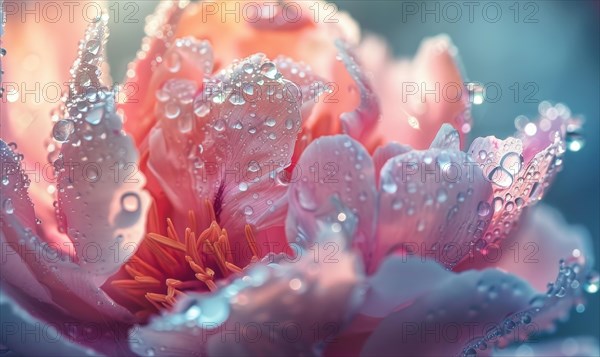 Close-up of a peony flower with dewdrops sparkling in the morning light AI generated