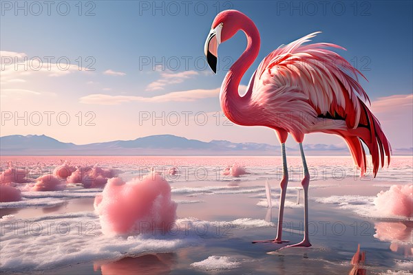 Flamingo portrait against atacama desert salt flats, AI generated