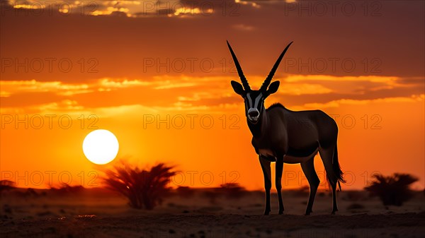 Gemsbok silhouette towering with a polemic accentuation of horns piercing through the orange dome of sun in the Kalahari, AI generated