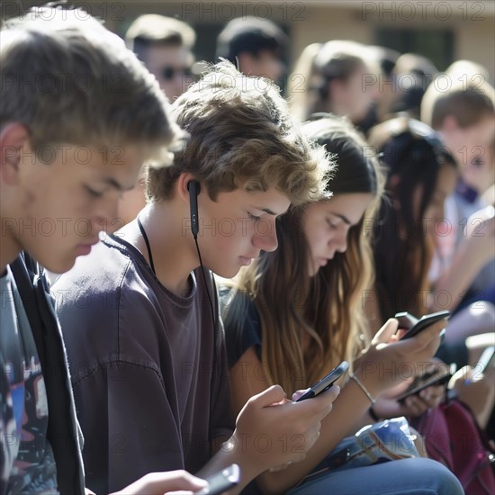 Young people looking intently at their smartphones in the sun, some wearing headphones, AI generated