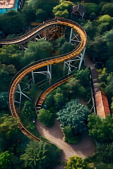 Aerial view of a bandoned amusement park overgrown with vegetation and rusting roller coasters, AI generated