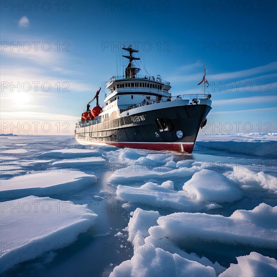 Icebreaker ship carving a path through thick ice of the polar region, AI generated