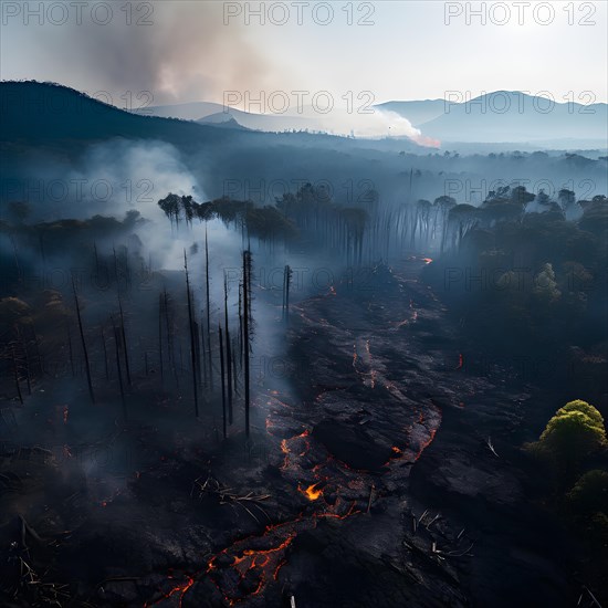 Charred tree skeletons in a smoke filled landscape remnants of a forest fire ignited by lava flow, AI generated