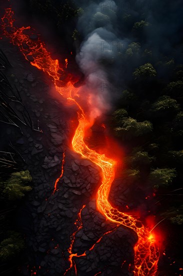 Vigorous lava flow making its onslaught on a verdant forest, AI generated