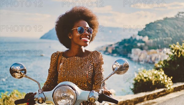 A radiant woman with an afro hairstyle rides a motorcycle along a picturesque seafront, blurry moody landscaped background with bokeh effect, AI generated