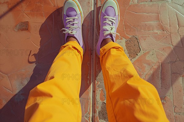 First-person view of feet in purple sneakers and bright yellow pants, AI generated