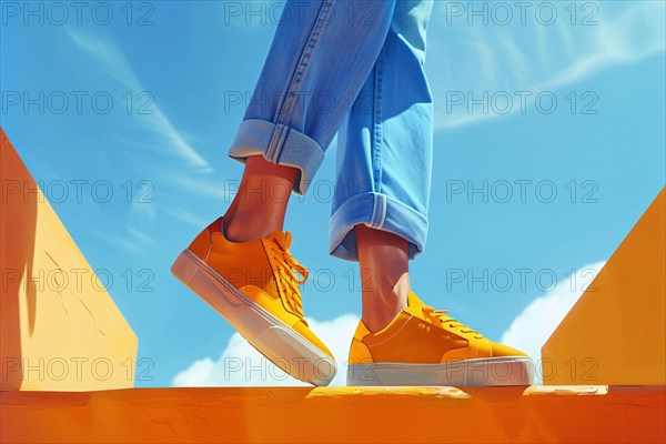 Close-up of feet in orange sneakers against a blue sky, AI generated