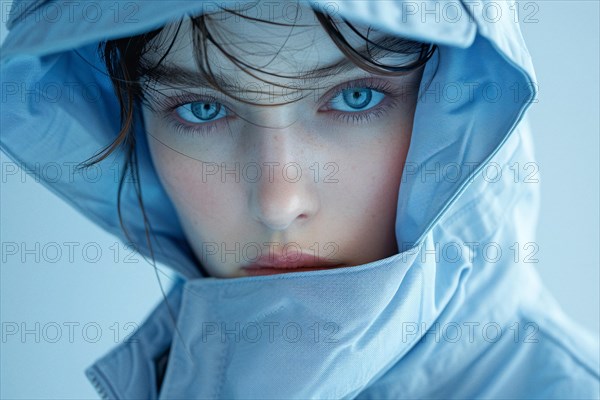 Portrait of a young woman with an intense gaze, wrapped in blue-toned clothing, AI generated