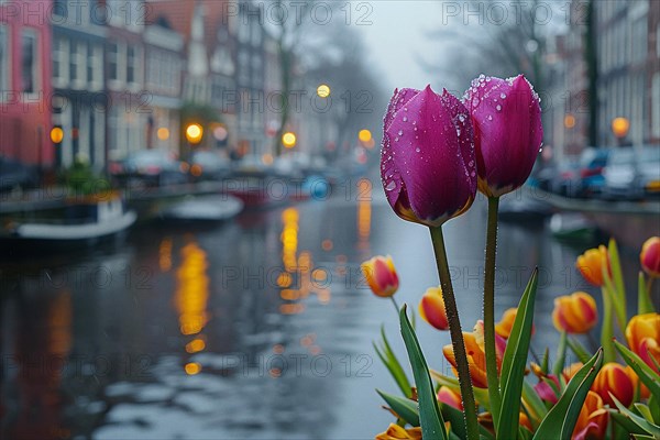 Rain-soaked purple tulips with a reflective Amsterdam canal at dusk, AI generated