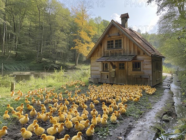 Flock of ducklings gathered in front of a rustic cabin with autumnal trees, AI generiert, AI generated