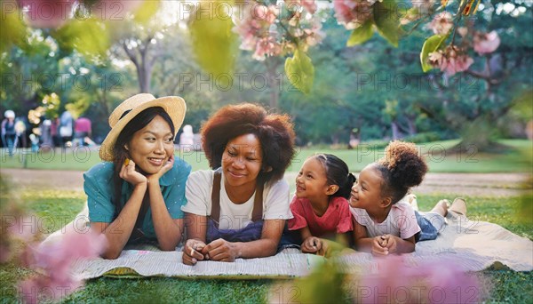 Group of smiling women and children enjoying time together on a picnic blanket in a park, AI generated
