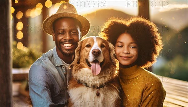 A man and a little girl are posing with a dog. The dog is wagging its tail and the girl is smiling. Scene is happy and joyful, AI generated