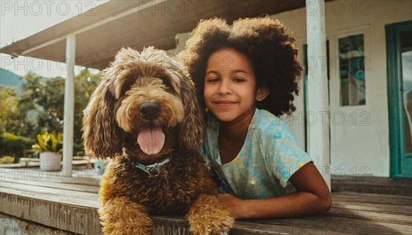 A young girl is laying on a wooden deck with a brown and white dog. The girl is smiling and the dog is wagging its tail. The scene is warm and inviting, with the girl AI generated