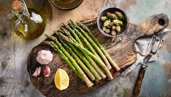 Asparagus artfully presented on a wooden board with lemon and garlic on the side, green asparagus, asparagus spears, KI generated, AI generated