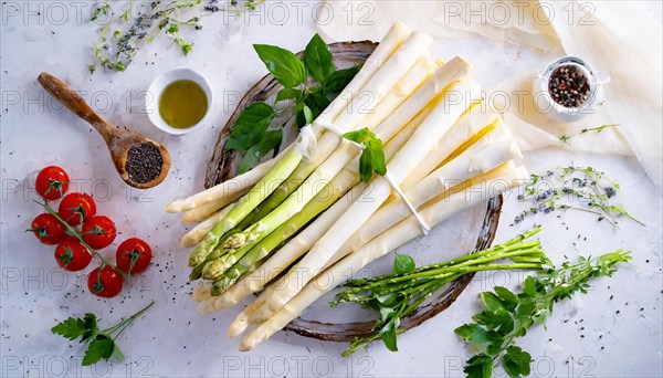 Fresh white asparagus presented with cherry tomatoes, olive oil and herbs on a light-coloured background, fresh white asparagus, KI generated, AI generated