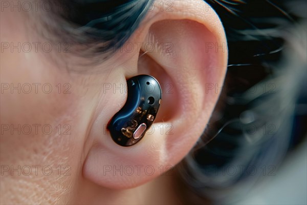 Small black hearing aid in person's ear. KI generiert, generiert, AI generated