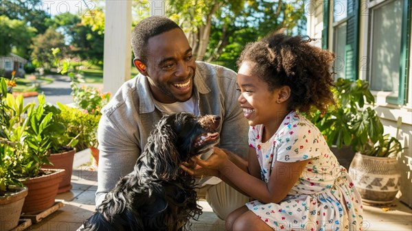 A cheerful family moment as a father and daughter bond with a black dog on a porch, AI generated