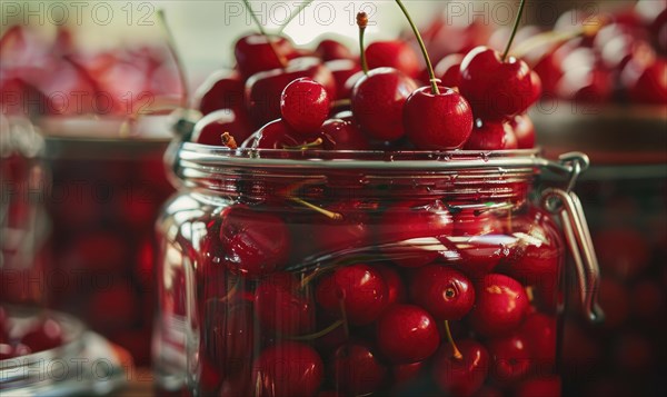 Ripe cherries showcased in a glass jar filled with clear syrup AI generated