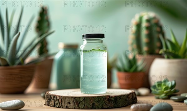 A blank jar mockup of aloe vera gel product placed atop a wooden produce podium AI generated