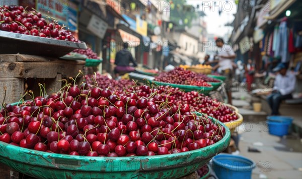 Closeup view of rip cherries selling on city market AI generated