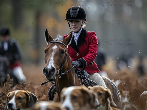 Traditional fox hunting with traditional clothing in England on horseback with dogs over hill and dale, AI generated