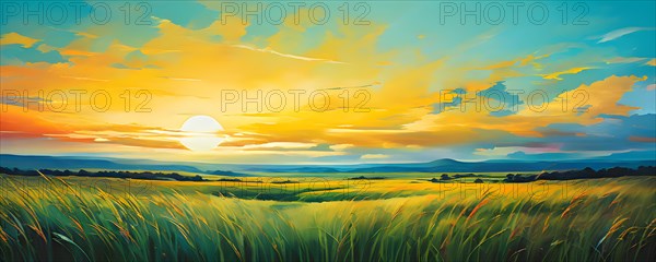 AI generated abstract painting of grasslands under a blazing sunset waves of greens