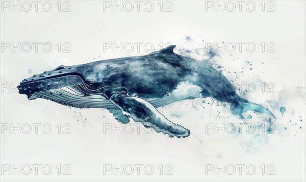 Watercolor illustration of a humpback whale in the ocean AI generated