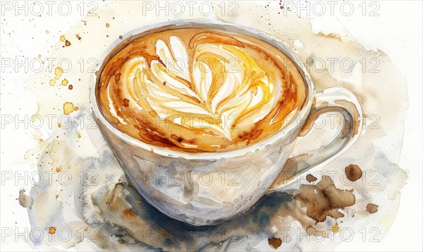 Watercolor illustration of a latte with foam art AI generated