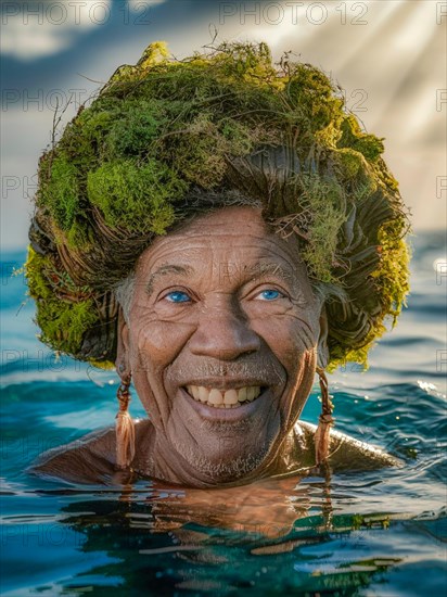 Elderly woman in the ocean with a crown of seaweed, beaming with joy under sunlight, earth day concept, AI generated