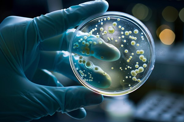 Scientist's hand holding petri dish with bacteria colony. KI generiert, generiert, AI generated