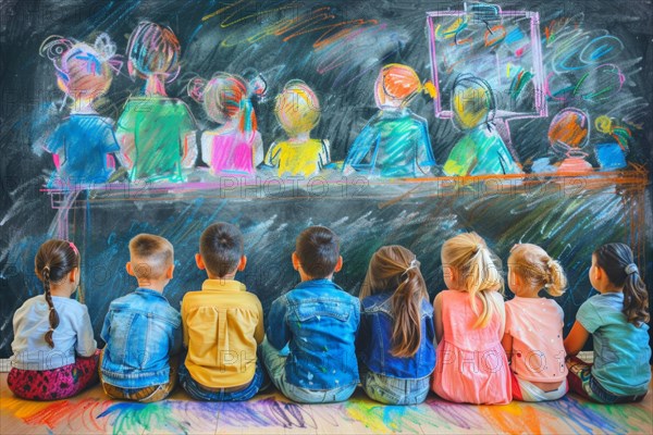 Pre-school children sit in a row and look at a picture drawn with chalk of a scene with pupils in a classroom, AI generated, AI generated, AI generated