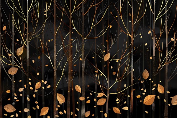 Dark autumnal forest scene with golden leaves and branches, illustration, AI generated