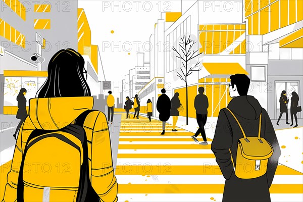 Colorful illustration of street scene with yellow accents and pedestrians, illustration, AI generated