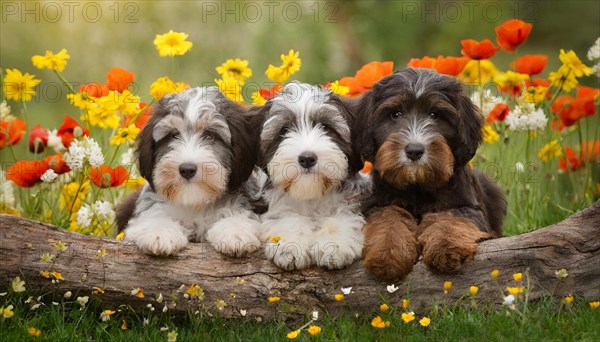 KI generated, animal, animals, mammal, mammals, one, single animal, bobtail, (Canis lupus familiaris), dog, dogs, bitch, dog breed from England, three young animals lying on a log in a meadow