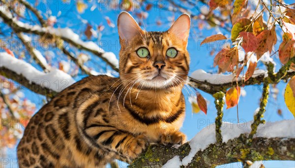 AI generated, animal, animals, mammal, mammals, cat, felidae (Felis catus), a cat resting on a branch in a tree, autumn, snow, onset of winter