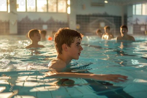 Pupils learn to swim in an indoor swimming pool, sports lessons, AI generated, AI generated, AI generated