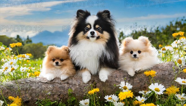 KI generated, animal, animals, mammal, mammals, dwarf spitz, Spitz, (Canis lupus familiaris), dog, dogs, bitch, Pomeranians, a bitch and two puppies lying on a tree trunk, flower meadow