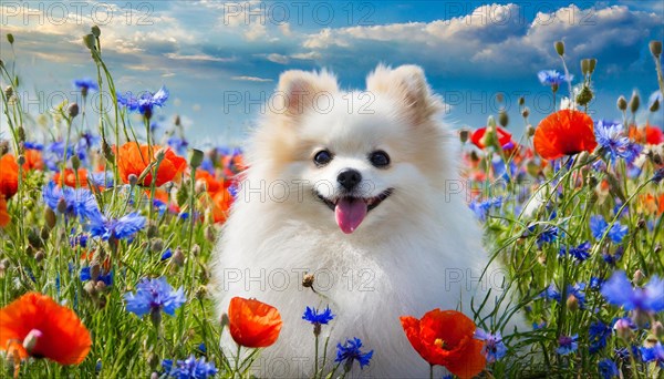 KI generated, animal, animals, mammal, mammals, one, single animal, dwarf spitz, Spitz, (Canis lupus familiaris), dog, dogs, bitch, Pomeranians, flower meadow with poppies and cornflowers