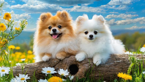 KI generated, animal, animals, mammal, mammals, a, single animal, dwarf spitz, Spitz, (Canis lupus familiaris), dog, dogs, bitch, Pomeranians, bitch and puppy lying in a flower meadow, tree trunk