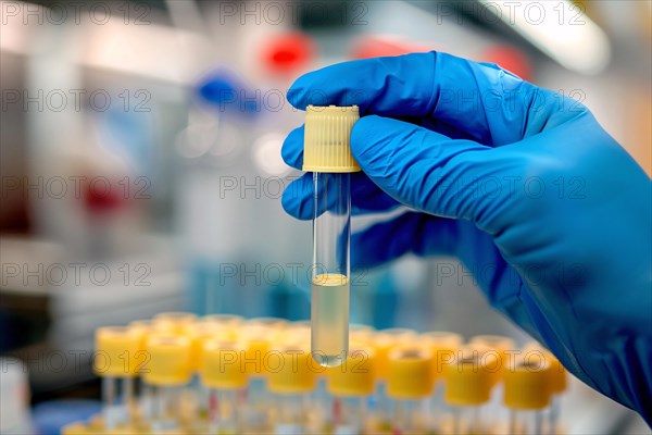 Scientist's hand holding test tube with liquid in research lab. KI generiert, generiert, AI generated