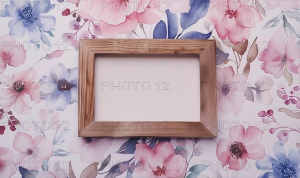 A gold frame with pink flowers on the wall. Abstract background with frame and space for text AI generated